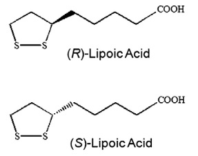 Alpha-Liponsäure kommt in zwei Formen (sog. „Enantiomeren“ bzw. „Isomere“) vor, nämlich der natürlichen R-Form und der synthetischen, aber dafür günstigeren, S-Form, die jedoch über eine geringere Bioverfügbarkeit als die R-Form verfügt (21) und als weniger potent gilt. (Bildquelle: Shay et al., 2009)