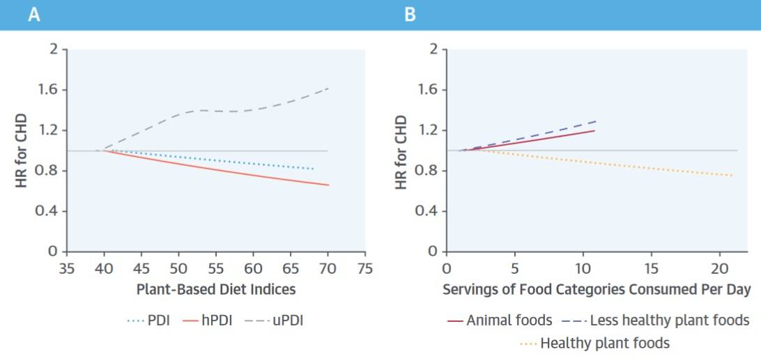 Die Analyse der Dosis-Wirkungs-Beziehung zwischen (A) den Indizes für pflanzliche Ernährung sowie (B) tierischen (animal foods), gesunden-pflanzlichen (healthy plant foods) und weniger-gesunden-pflanzlichen Lebensmitteln (less healthy plant foods) und der KHK-Inzidenz wurde nach Kombination aller 3 Kohorten durchgeführt. Bereinigt um Alter, Raucherstatus, körperliche Aktivität, Alkoholkonsum, Einnahme von Multivitaminen, Aspirin-Einnahme, familiäre Vorbelastung durch koronare Herzkrankheit (KHK), Margarinekonsum, Bluthochdruck, Hypercholesterinämie und Diabetes zu Beginn der Studie und aktualisierter Body-Mass-Index. Bei der NHS (Nurses' Health Study) und der NHS2 wurde auch die Einnahme postmenopausaler Hormone berücksichtigt, bei der NHS2 die Einnahme oraler Verhütungsmittel. Bei der Analyse der Indizes für die pflanzliche Ernährung wurde die Energiezufuhr zusätzlich angepasst. Die 3 Indizes für pflanzliche Ernährung wurden in separaten Modellen untersucht. Die 3 Lebensmittelkategorien (gesunde und weniger-gesunde pflanzliche Lebensmittel, sowie tierische Lebensmittel) wurden gleichzeitig in dasselbe Modell aufgenommen. HR = Hazard Ratio. (Bildquelle: Satija et al., 2016)