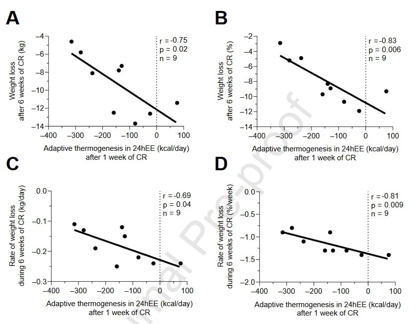 Die Beziehung zwischen den Messungen der adaptiven Thermogenese beim Energieverbrauch (24hEE) nach einer Diät-Woche mit Gewichtsverlust nach 6 Wochen. (Bildquelle: Heinitz et al., 2021)