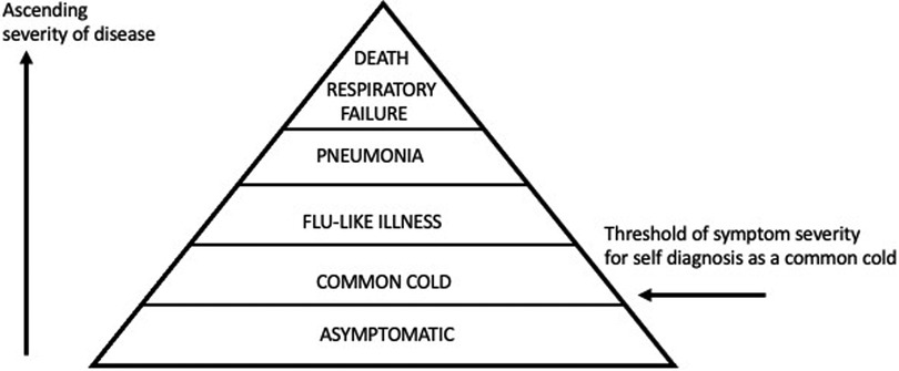 Eisberg-Konzept der viralen Infektion: Die meisten Infektionen führen zu asymptomatischen oder milden Symptomen, die möglicherweise nicht die Schwelle [Threshold] erreichen, um eigenverantwortlich als Erkältung diagnostiziert zu werden. Diese Infektionen verlaufen im Verborgenen und damit „unterhalb der Wasserlinie eines Eisbergs“. Schwere Symptome können so stark sein, dass sie als „grippeähnliche Erkrankung“ [flu-like illness] bezeichnet werden, und Infektionen der unteren Atemwege, wie z.B. Bronchiolitis und Lungenentzündung [Pneumonia], werden nicht so häufig wie eine Erkältung wahrgenommen. (Bildquelle: Eccles, 2023)
