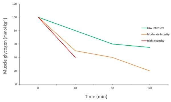 Muskelglykogenverbrauch bei verschiedenen Belastungsintensitäten (Bildquelle: Greene et al., 2017; adaptiert nach Gollnick et al., 1974).